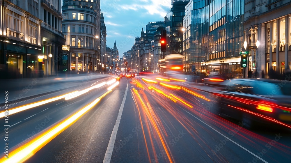 Aufkleber dynamic city lights at dusk with motion blur creating a lively urban atmosphere : generative ai