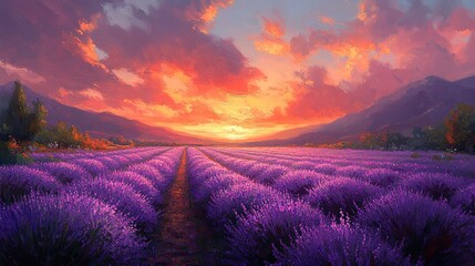 Obraz premium An oil painting depicting a lavender field in a hilly landscape, with rows of purple flowers stretching into the distance under a summer sunset