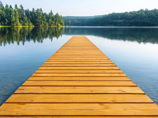 serene wooden pier extends into calm lake surrounded by lush trees