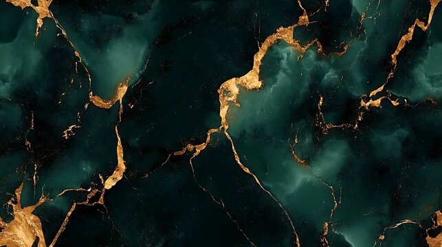 Dark green, gold and black marble seamless texture background with gold veins