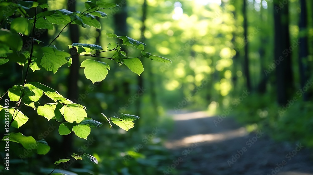 Poster sunlit green leaves and forest pathway in nature during daylight : generative ai