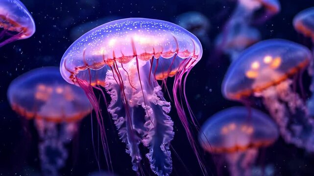 The image shows several jellyfish swimming in the water. They are illuminated with purple and pink light, which gives them a bright and unusual appearance.