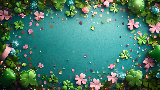 Vivid St. Patrick's Day Banner Design Featuring Shamrocks, Elf Hats, and Joyous Confetti for Greeting Cards