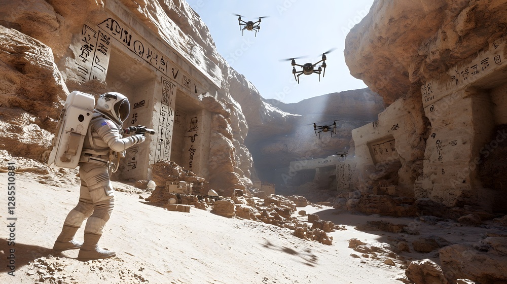 Poster An intrepid astronaut investigates ancient alien ruins on a distant desolate desert planet with hovering drones scanning the enigmatic symbols and hieroglyphics on the rock walls of this otherworldly