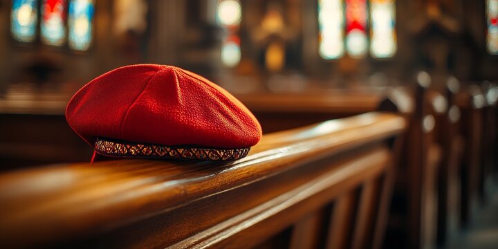 Red zucchetto resting on wooden bench in vatican church