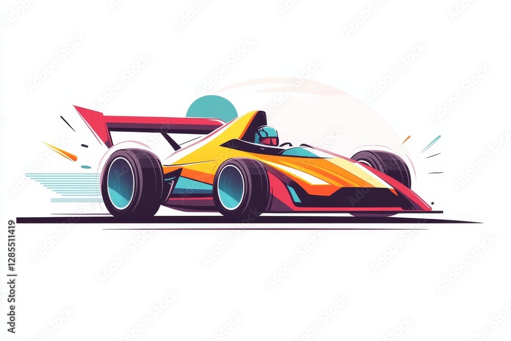 Poster dynamic racing car speeding on a track with vibrant colors in a minimalist style, showcasing motion 