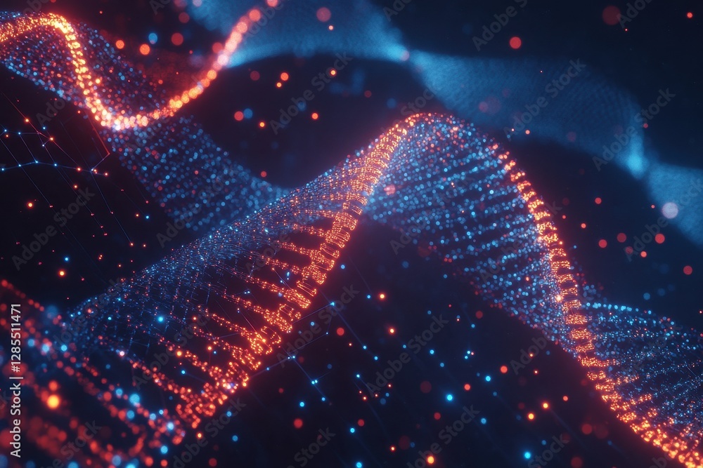 Aufkleber dna strand dynamically spinning with data processing on a blue background, representing modern biolo