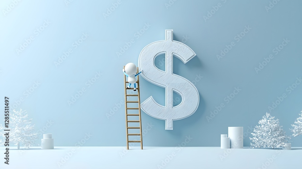 Poster cartoon character climbing a ladder toward a towering dollar sign symbol representing the journey of