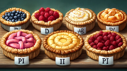 Joyful and Whimsical Cartoon Representation of Baked Pies Blending Mathematics with Fun and Educational Themes for Pi Day Activities