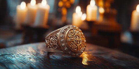 Papal ring resting on wooden surface with burning candles in background