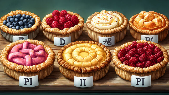 Joyful and Whimsical Cartoon Representation of Baked Pies Blending Mathematics with Fun and Educational Themes for Pi Day Activities