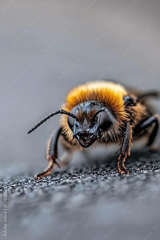 Poster Detailed Macro Shot of a Bumblebee Crawling Over a Dark Surface Capturing Insect Beauty : Generative AI
