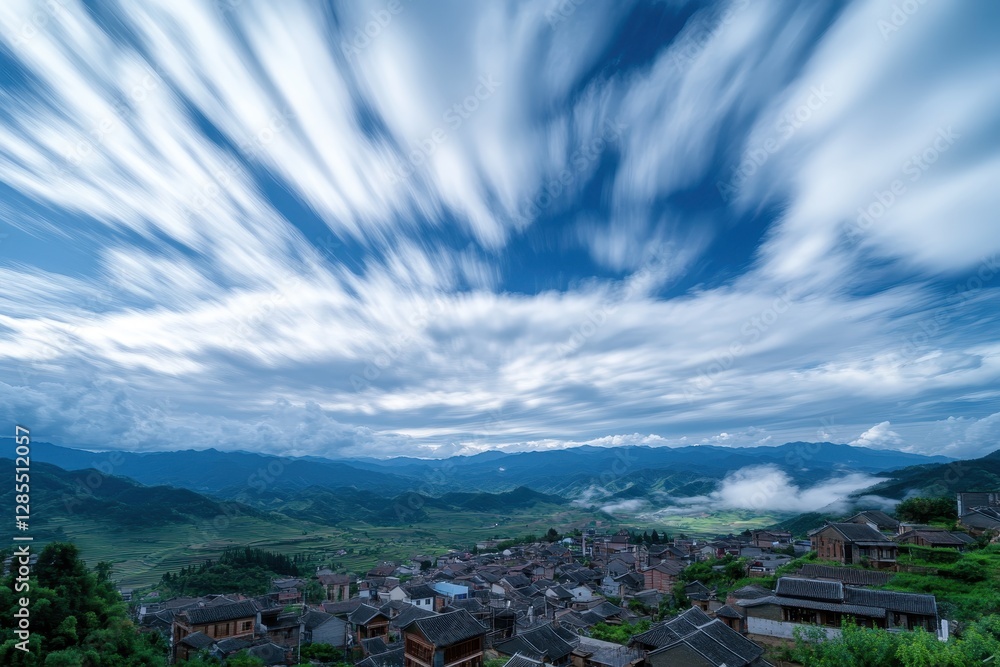 Poster dynamic timelapse captures clouds flowing over a rural landscape during the day, time-lapse of cloud