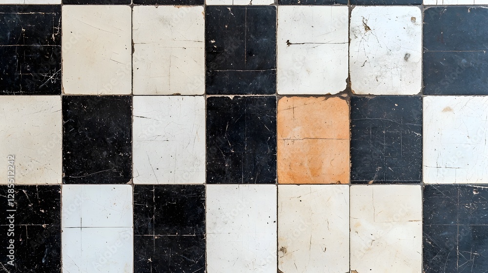 Poster classic checkerboard floor pattern with faded black and white tiles and visible scuff marks creating