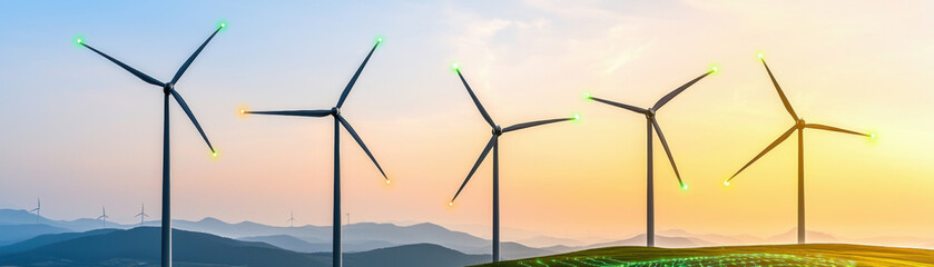 Obraz premium Digital green energy digital transformation. Wind turbines in a serene landscape during sunset.