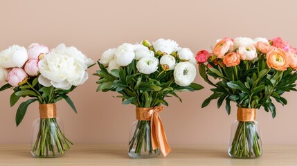 Obraz premium Beautifully arranged bouquets in a flower shop Concept, Elegant Bouquets of Peonies and Ranunculus Tied with Silk Ribbon Against a Soft Background