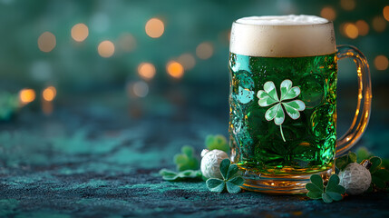 An Artistic and Luxurious Representation of St Patrick's Day Featuring a Green Beer Mug and Four-Leaf Clover