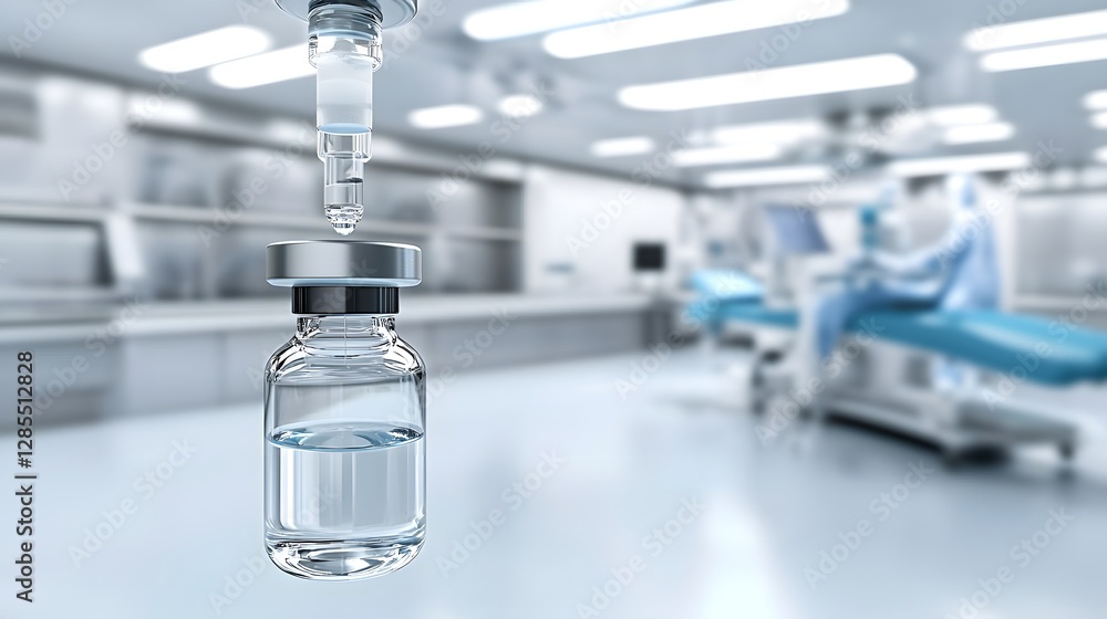 Poster close up shot of a medical vial being filled with a liquid sample using a suction tube or syringe wi