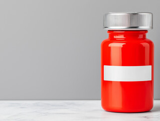 vibrant red pill bottle with blank label stands on marble surface