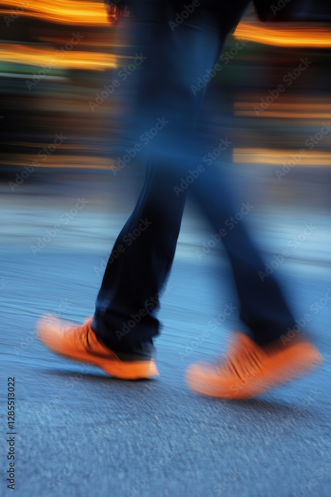 Poster blurred motion of feet walking in urban environment with lights : generative ai