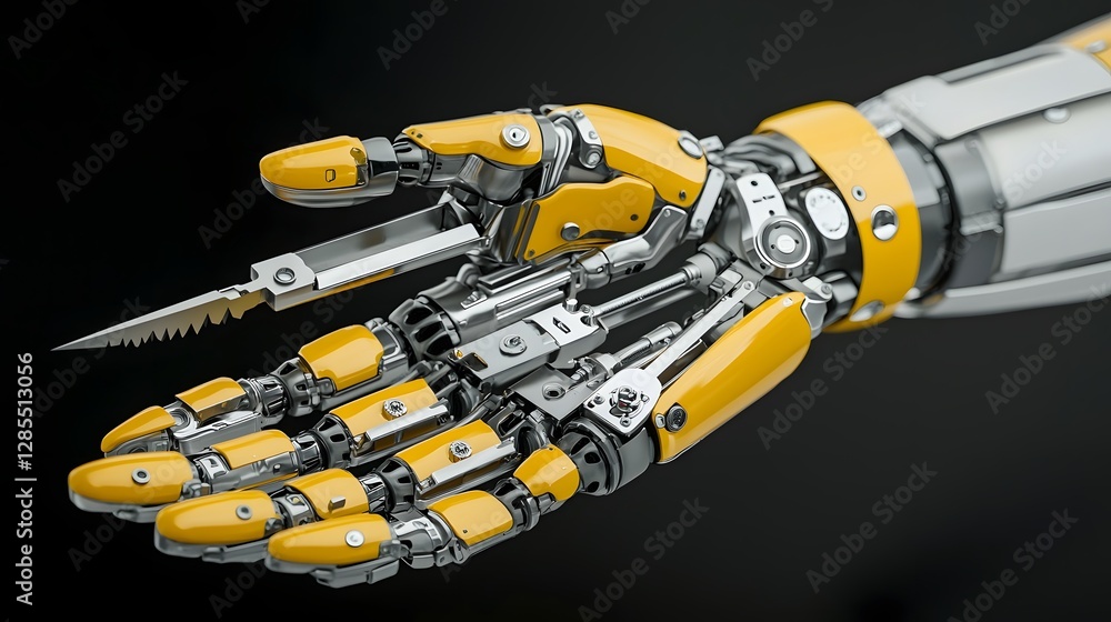 Poster close up view of a cyborg s hand transforming into a multi tool with mechanical fingers unfolding in