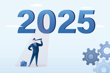 Forecast and vision in 2025 year. Analysis and research, prospects and opportunities. happy new year 2025. Businessman uses spyglass and looking number 2025