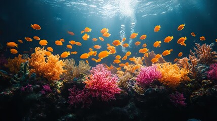 Obraz premium An underwater abstract art piece featuring a vibrant coral reef teeming with colorful fish