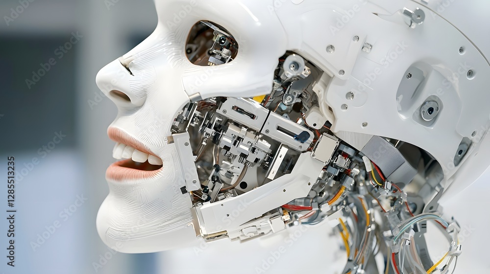 Poster close up view of a detailed cyborg jaw partially open