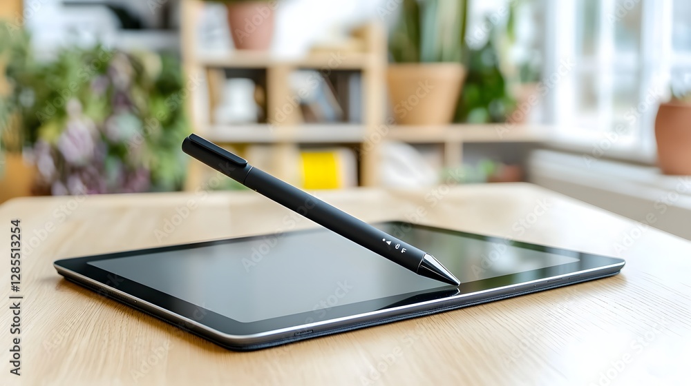 Poster close up view of a digital pen charging magnetically on the edge of a modern tablet device showcasin