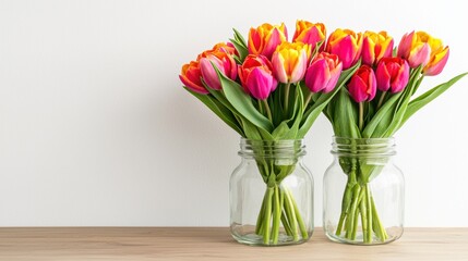 Beautifully arranged bouquets in a flower shop Concept, Charming Flower Shop Interior Featuring Neatly Arranged Tulips in Glass Jars on Wooden Table