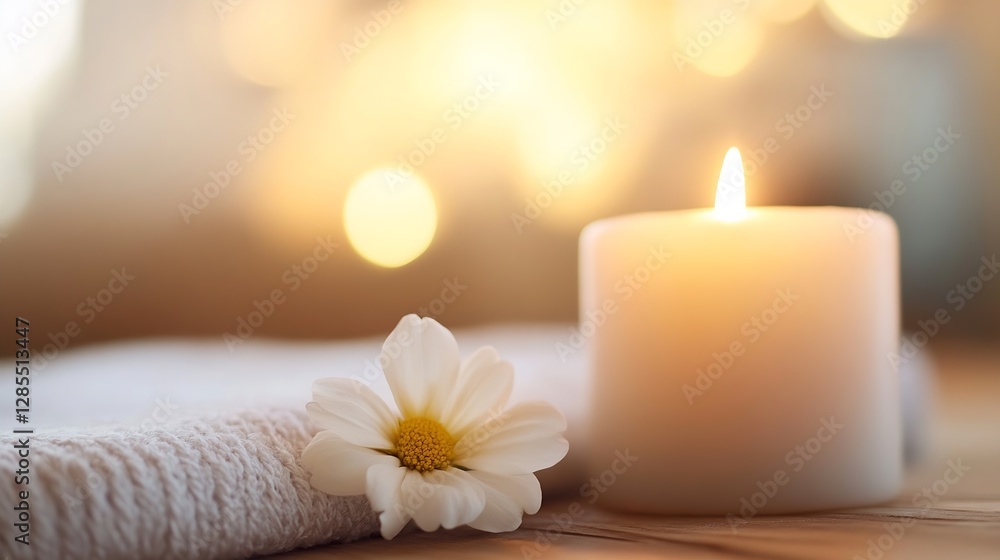Poster calming atmosphere with white candle and flower on soft towel in warm light : generative ai