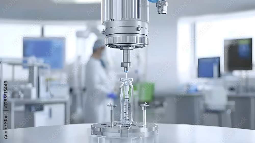 Poster close up view of a medical vial being drawn into with a pipette in a clean sterile laboratory enviro