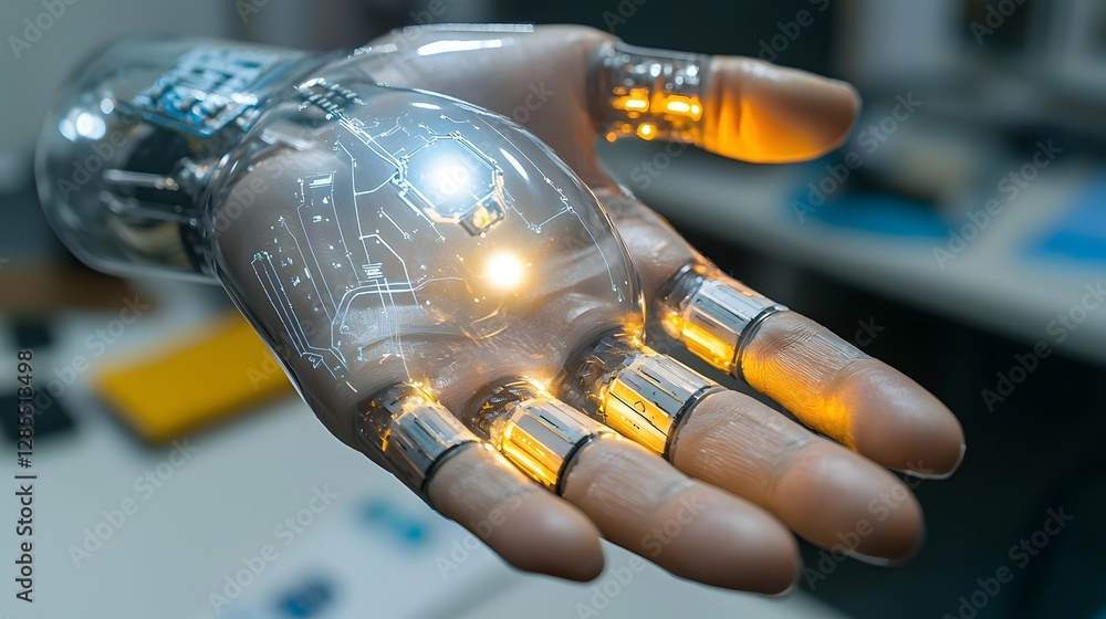 Aufkleber close up view of a cyborg s palm with an embedded energy emitter glowing faintly through the metalli