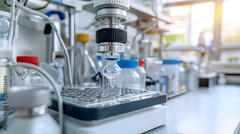 Poster close up view of a sample being drawn into a vacuum sealed medical vial with a clean sterile laborat