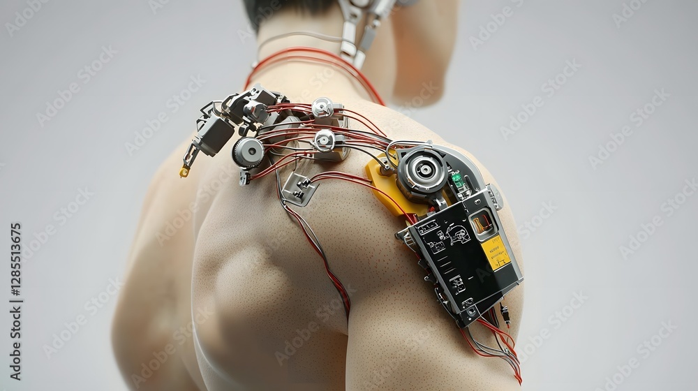Poster close up view of an exposed section of a cyborg s shoulder revealing the intricate servo motors flex