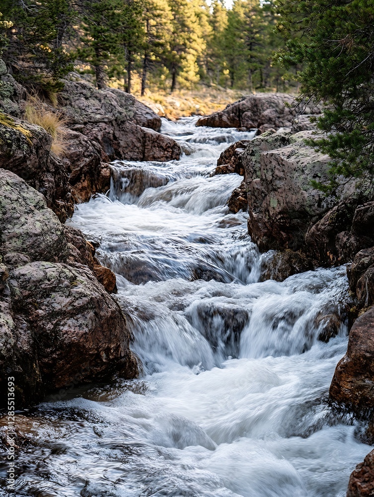 Poster tranquil stream flowing through rocky terrain surrounded by lush forest : generative ai