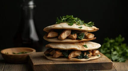   A wooden cutting board holds a pile of pita bread beside a bowl of fresh parsley
