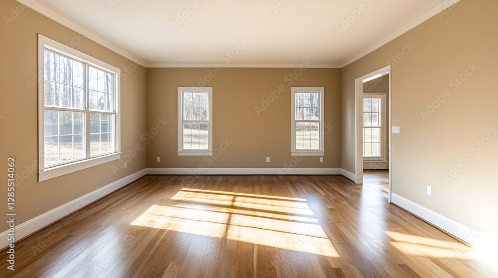 Poster Bright open room with wooden flooring and large windows creating a spacious atmosphere : Generative AI