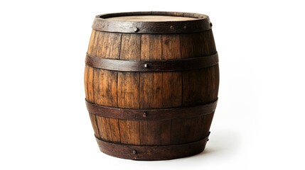 A small wooden barrel, clean white background, transparent isolate