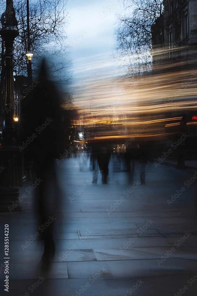 Poster dynamic night cityscape with blurred movement of people and light trails : generative ai