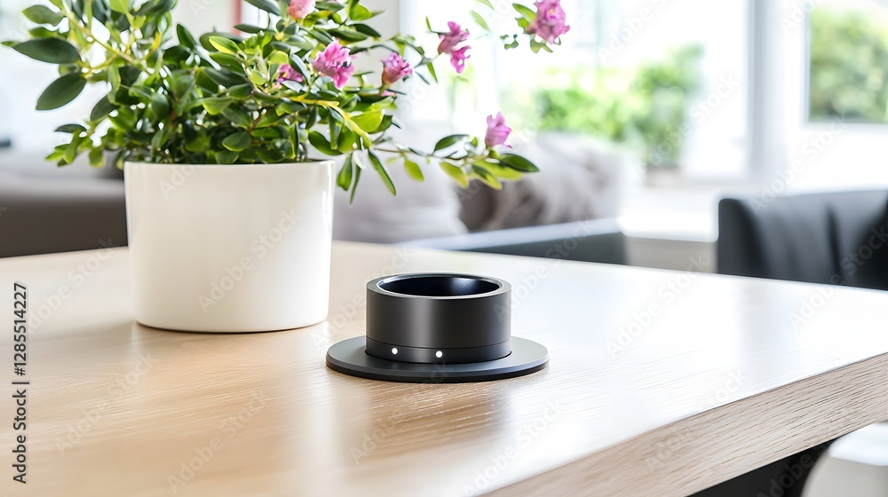 Poster closeup of a sleek and sophisticated smart ring placed on a small dedicated wireless charging puck s