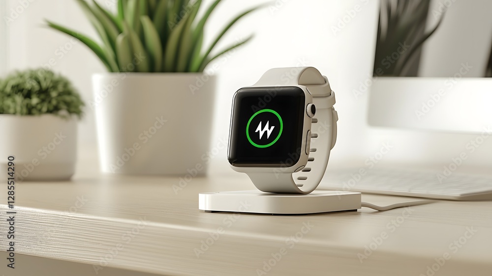 Poster closeup of a smartwatch placed on a modern minimalist wireless magnetic charging dock with a digital