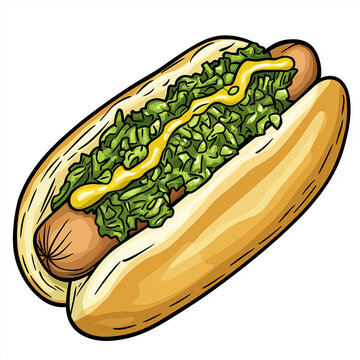 recommend clip art: Hot dog with fresh green relish and mustard, served in a soft bun for a classic street food experience.