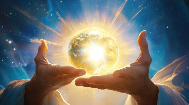 Divine Hands Holding Glowing Earth Celestial Light