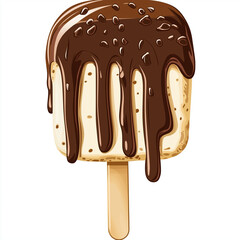 Obraz premium Delicious vanilla ice cream bar coated in rich chocolate with dripping glaze, served on a wooden stick for a sweet frozen treat.