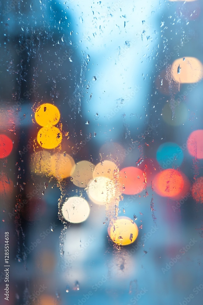 Leinwandbilder Raindrops on a Window Creating a Dreamy Background with Colorful Bokeh Lights in a Cityscape : Generative AI