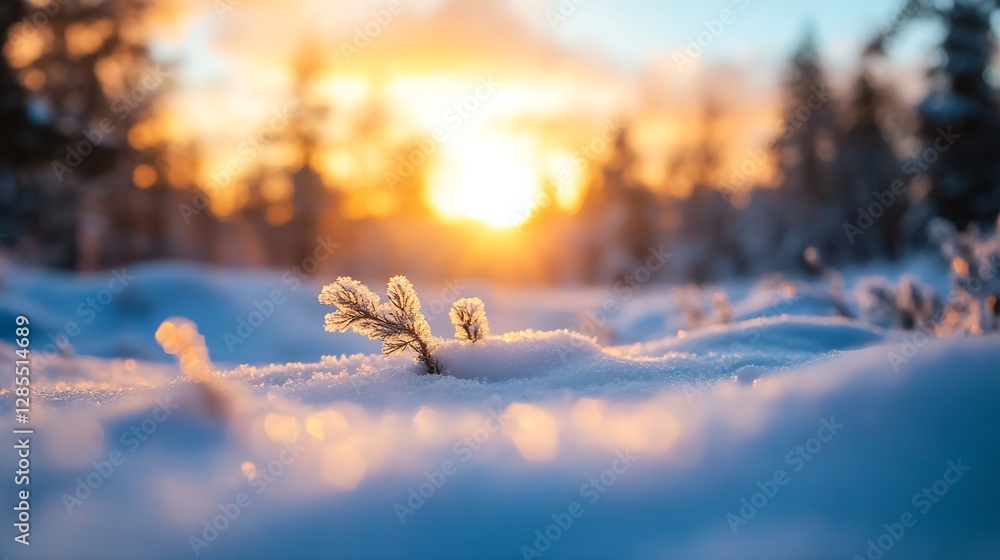 Poster Winter Sunrise with Frosty Snow and Gleaming Sunlight Filtering Through Trees : Generative AI