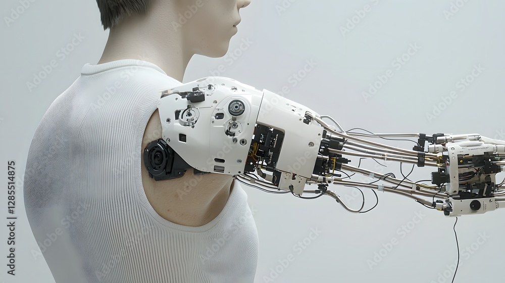 Poster closeup of an exposed section of a cyborg s shoulder revealing the intricate inner workings of servo