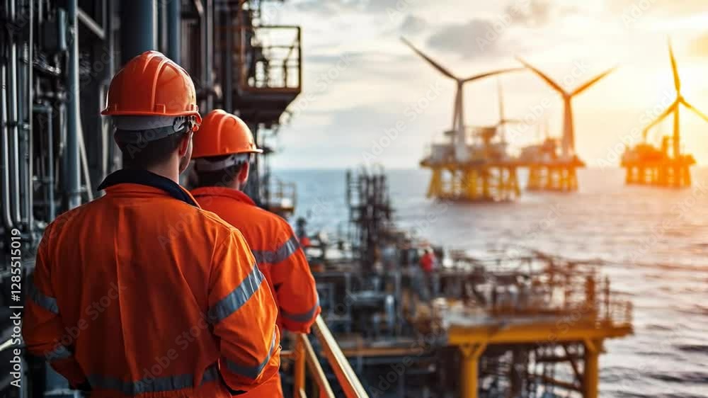 Poster two men in orange protective suits and hard hats are standing on a platform in the sea. wind turbine