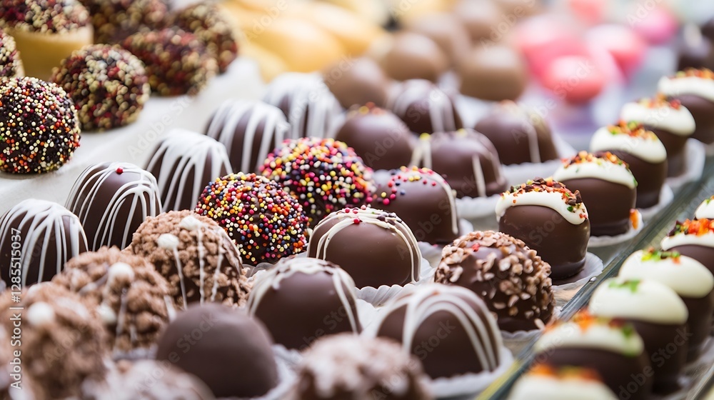 Poster delicious assortment of gourmet chocolate truffles with colorful toppings displayed in a confectione